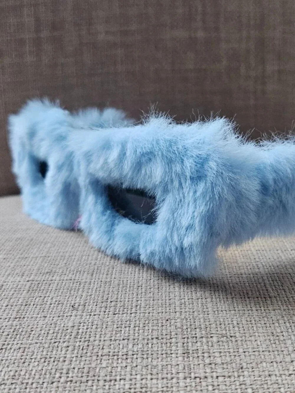 Women Sunglasses Blue Fuzzy Faux Furry Plush Gold Tone Temple Funky Eyewear